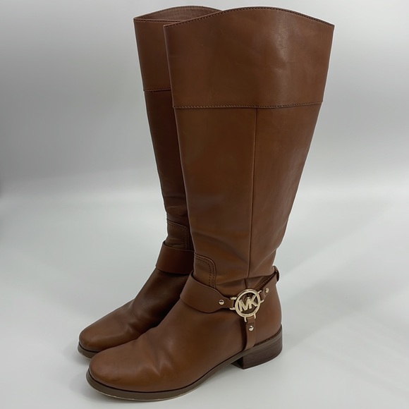 MICHAEL KORS Knee High Ankle Strap Leather Riding Boots 7.5 Caramel Brown *Fair* - Picture 5 of 10